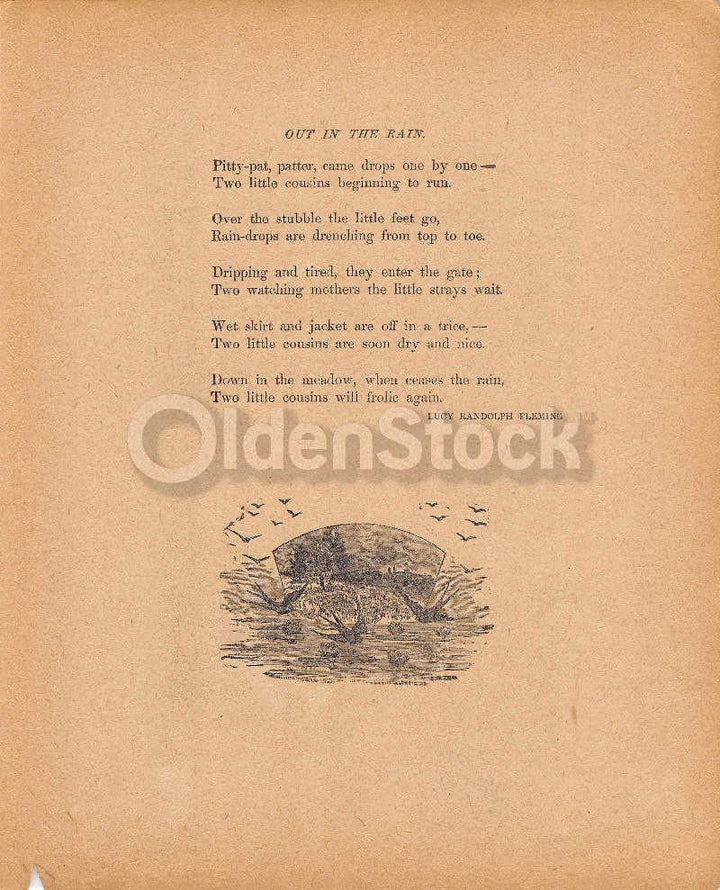 Out in the Rain Poem by Lucy Randolph Fleming Antique Nursery Rhyme Print 1902