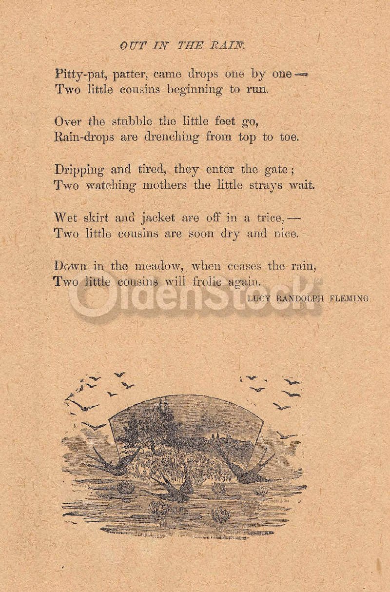 Out in the Rain Poem by Lucy Randolph Fleming Antique Nursery Rhyme Print 1902