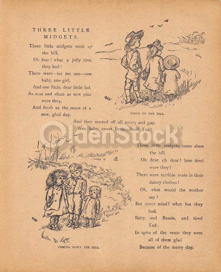 Three Little Midgets Brothers & Sisters Poem Antique Nursery Rhyme Print 1902