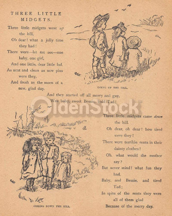 Three Little Midgets Brothers & Sisters Poem Antique Nursery Rhyme Print 1902