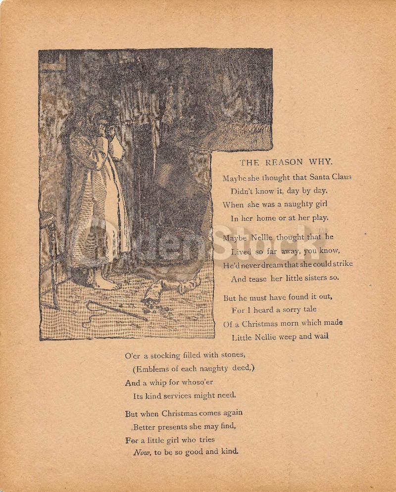 Naughty Little Girl's Coal Filled Christmas Stocking Poem Antique Nursery Rhyme Print 1902