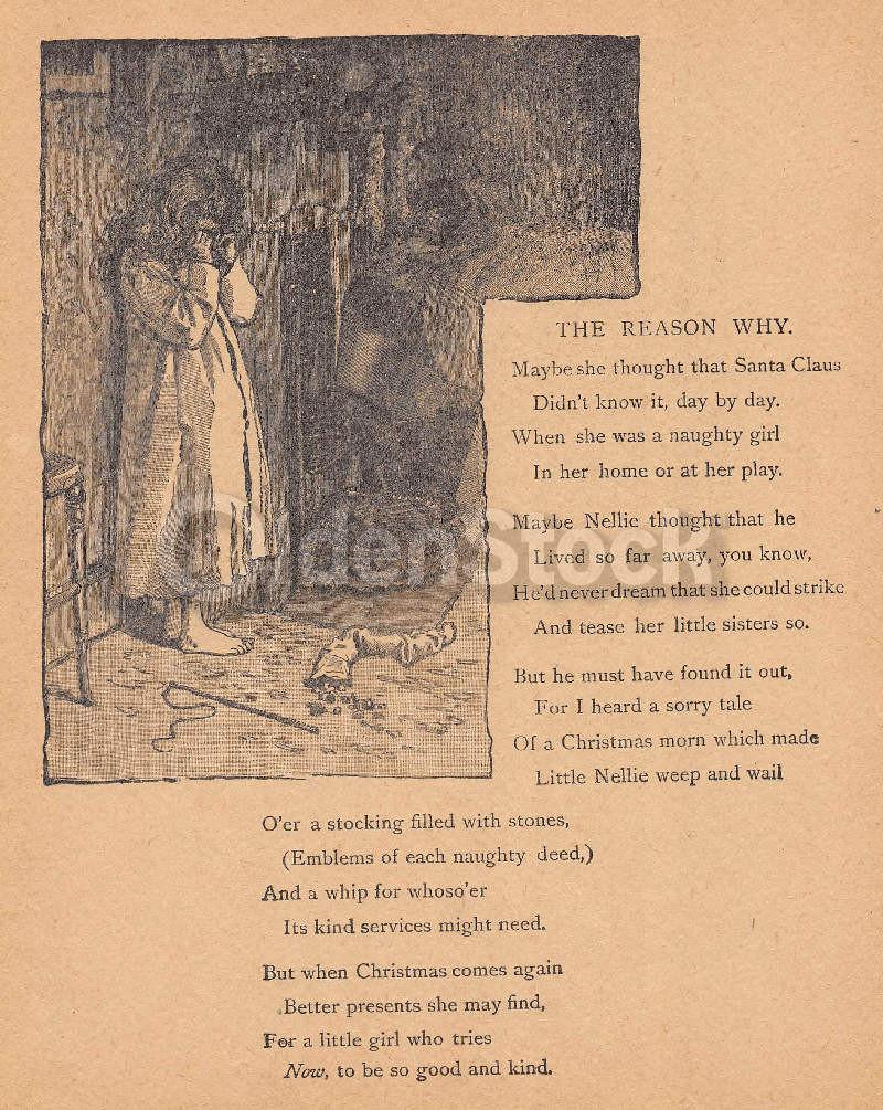 Naughty Little Girl's Coal Filled Christmas Stocking Poem Antique Nursery Rhyme Print 1902