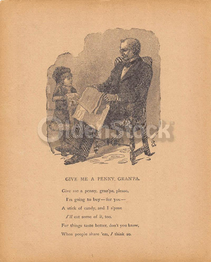 Cute Grandfather & Granddaughter Poem Antique Nursery Rhyme Print 1902