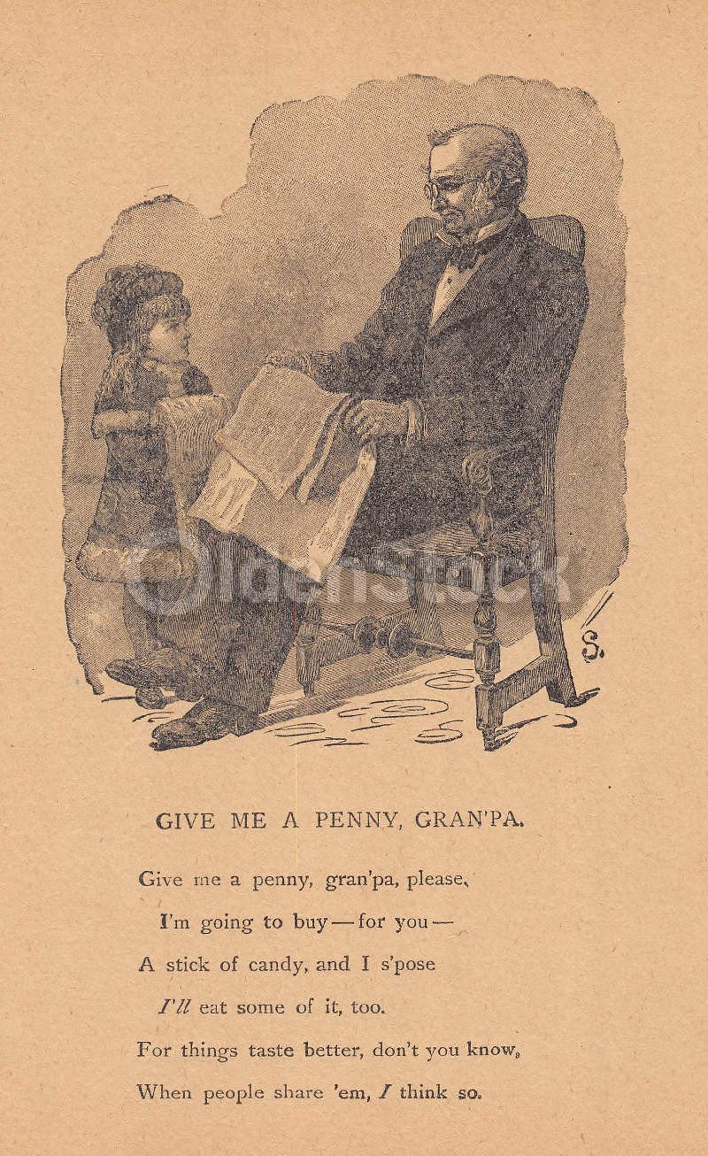 Cute Grandfather & Granddaughter Poem Antique Nursery Rhyme Print 1902