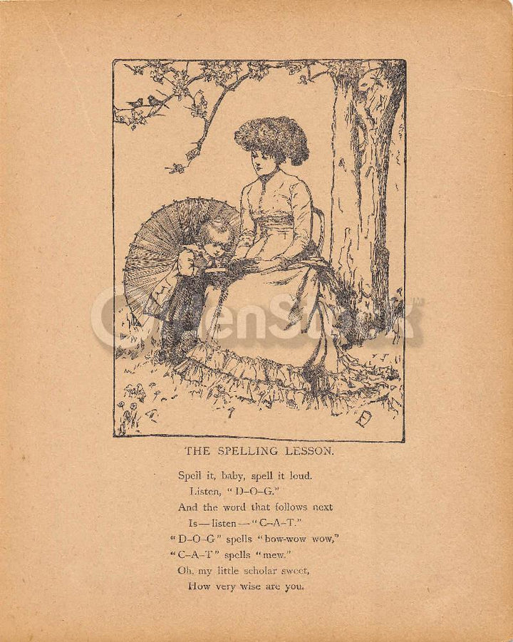 Mother & Child Spelling Lesson Cute Antique Nursery Rhyme Print 1902