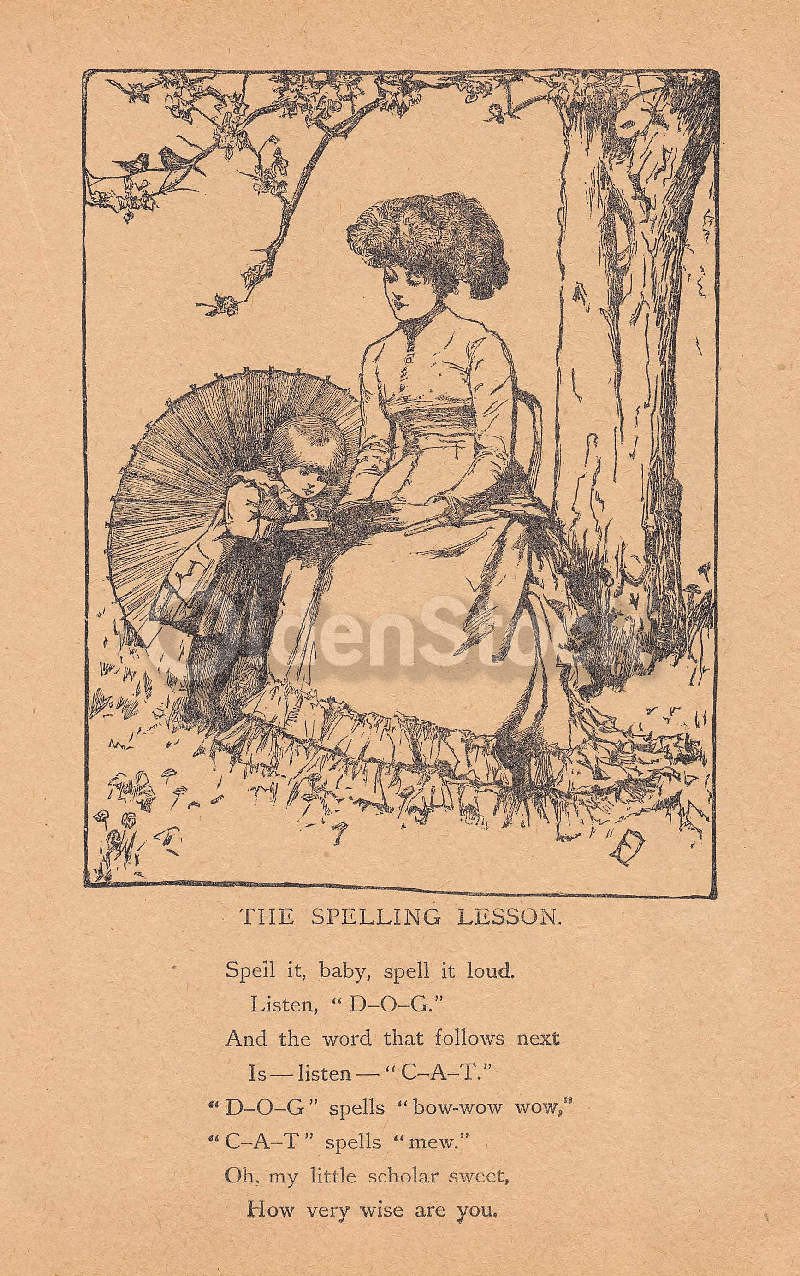 Mother & Child Spelling Lesson Cute Antique Nursery Rhyme Print 1902