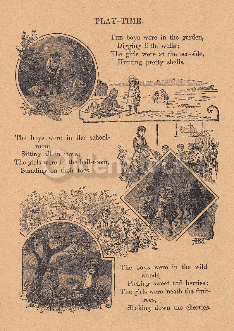 School Boys & Girls Recess Play Time Antique Nursery Rhyme Print 1902