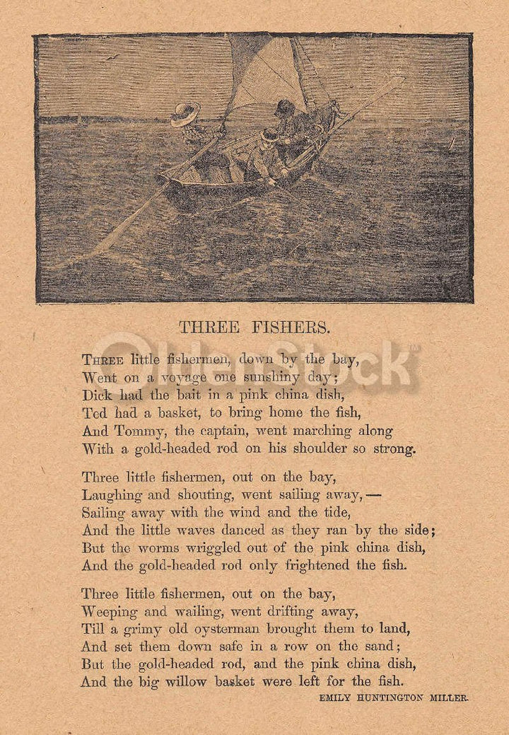 Three Fishers Poem by Emily Huntington Miller Antique Nursery Rhyme Print 1902