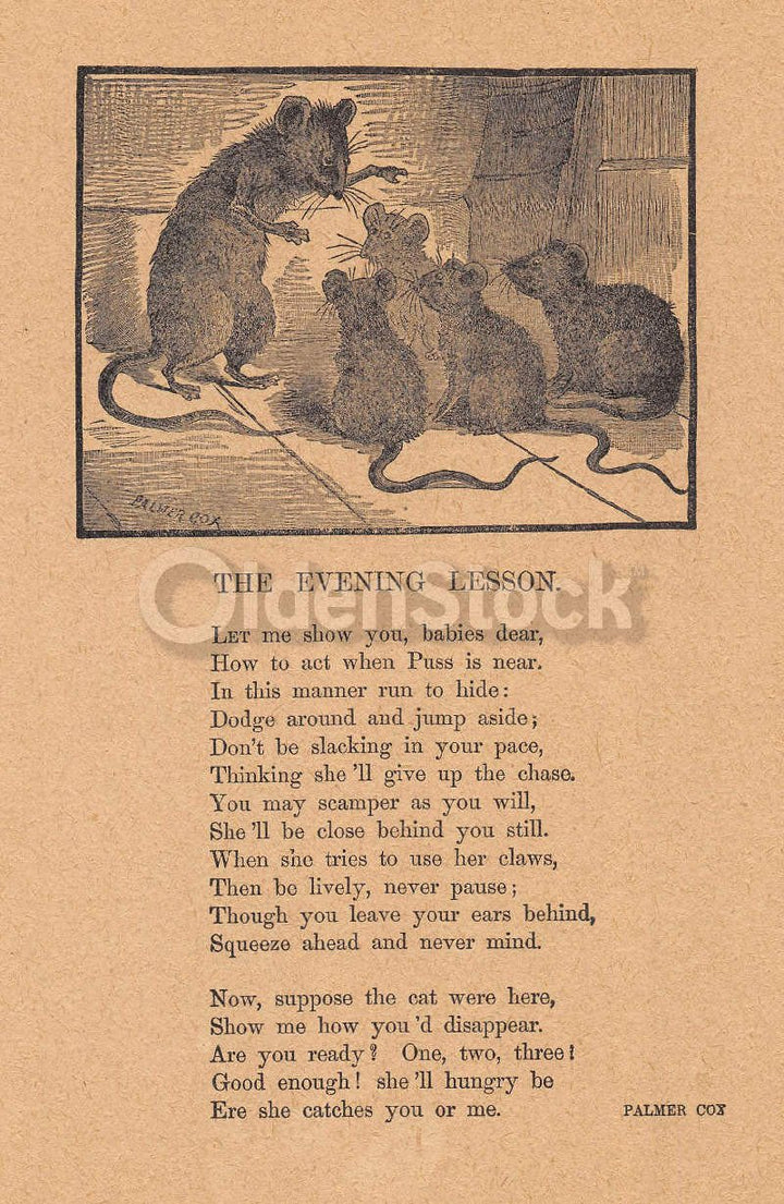 Wise Old Mouse & Baby Mice Poem Antique Nursery Rhyme Print 1902