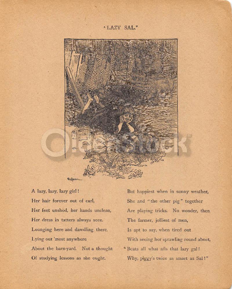 Lazy Sally Cute Farm Girl Poem Antique Graphic Illustration Print 1902