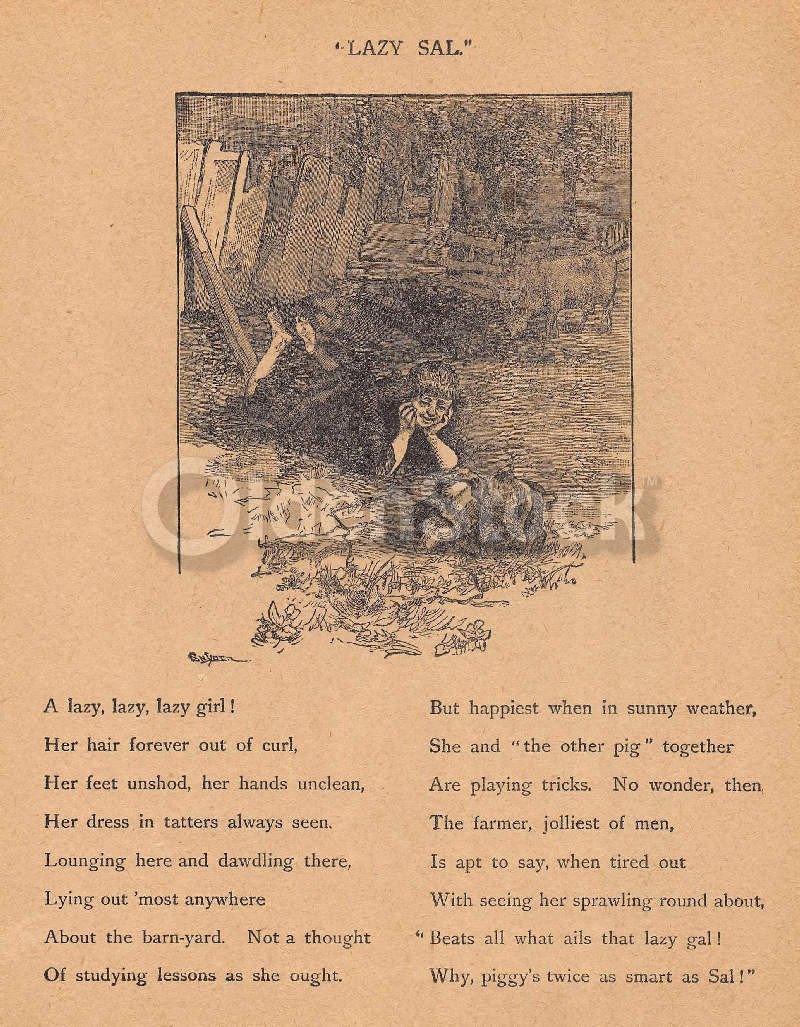 Lazy Sally Cute Farm Girl Poem Antique Graphic Illustration Print 1902