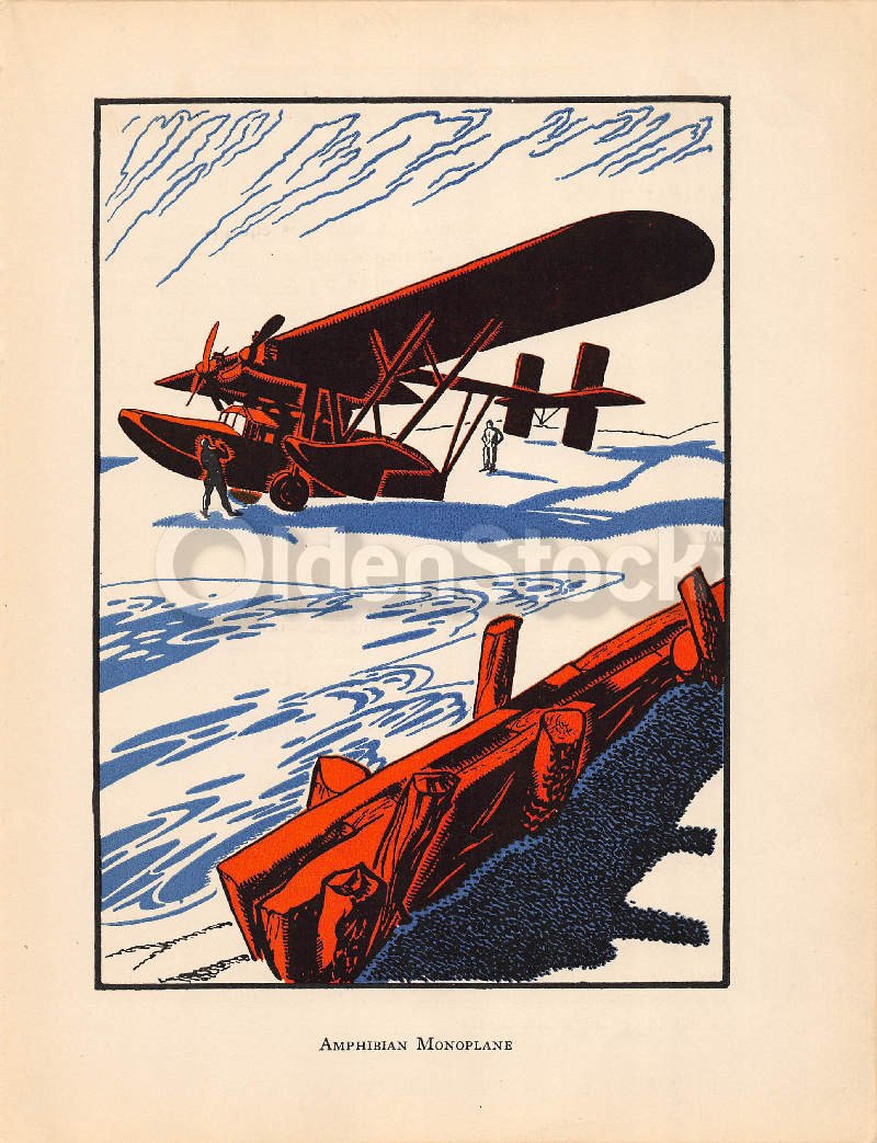 Old Amphibian Monoplane Antique Graphic Art Deco Illustration Print