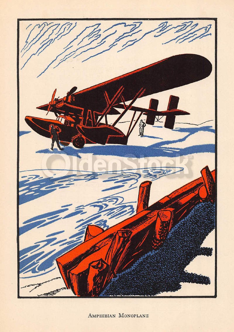 Old Amphibian Monoplane Antique Graphic Art Deco Illustration Print