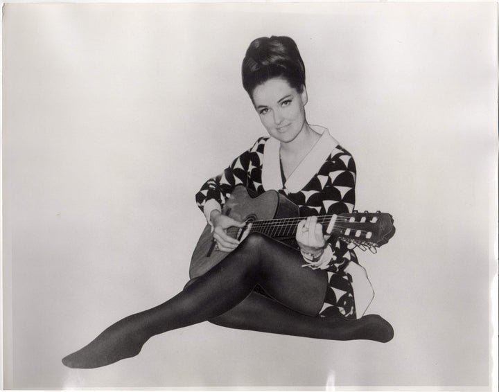 Hippie Female Guitarist Updo Fashion Model Vintage 1960s Large Format Advertising Photo