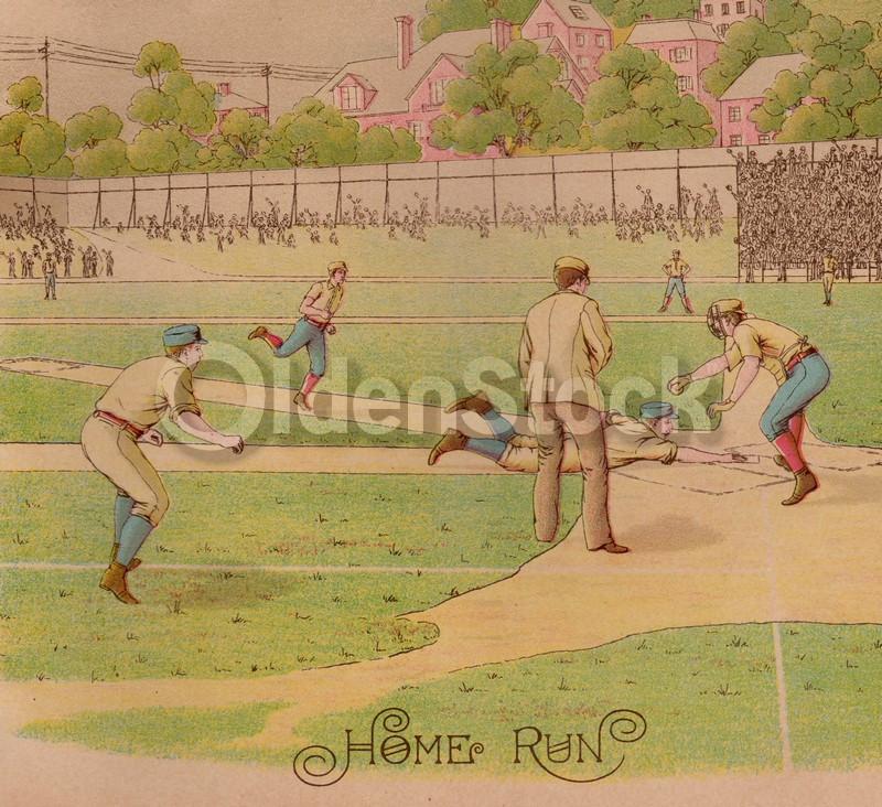 Home Run! Early American Baseball Game Antique Chromolithograph Print 10.5x13.5"