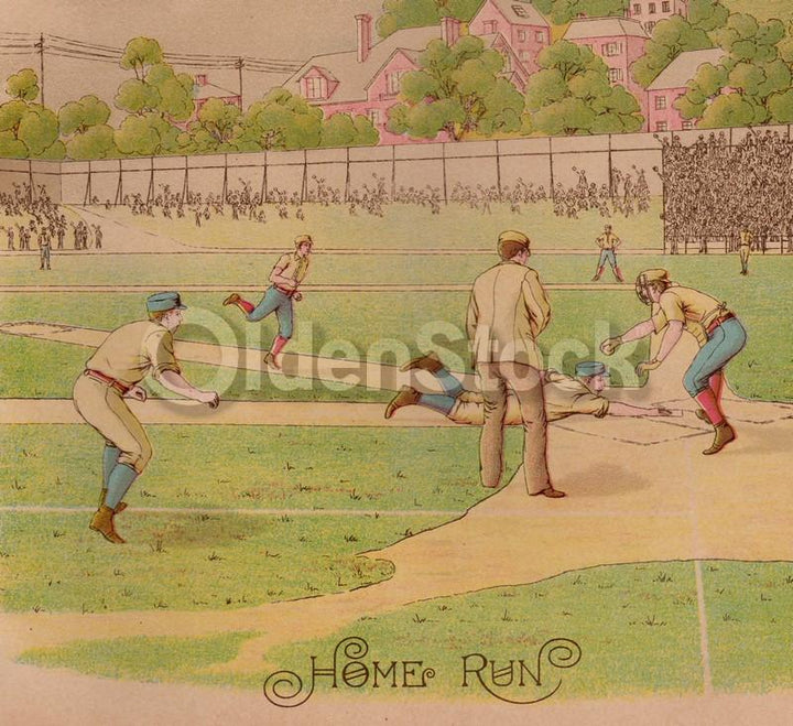 Home Run! Early American Baseball Game Antique Chromolithograph Print 10.5x13.5"