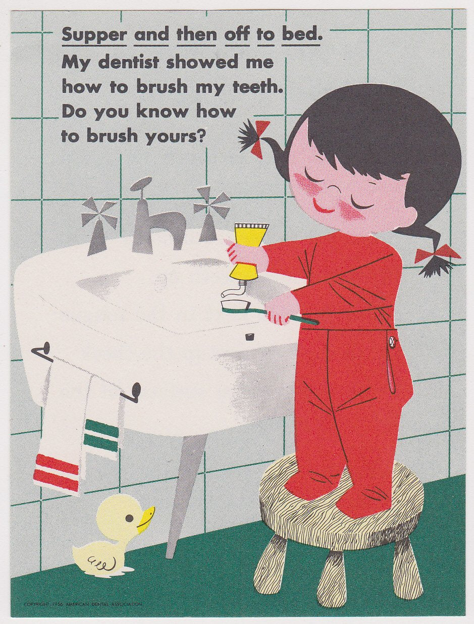 How to Brush Your Teeth Little Girl in Pajamas Vintage Dentist Office PSA Advertising