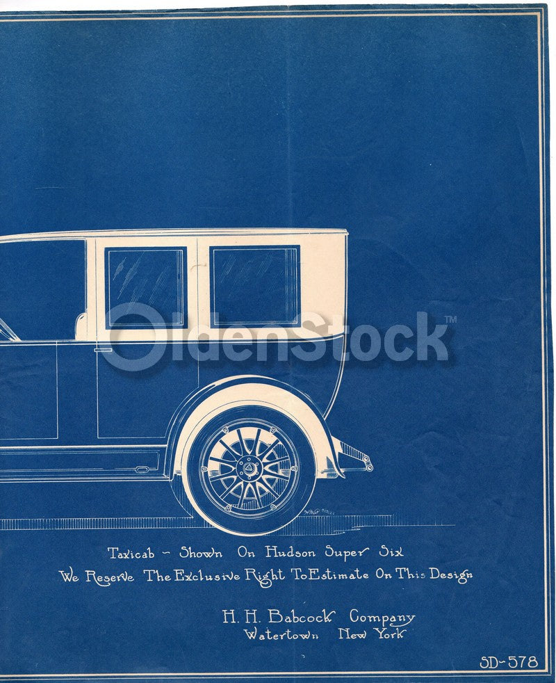Hudson Super Six Taxi Cab Antique Automobile Design Blueprint Poster 1922