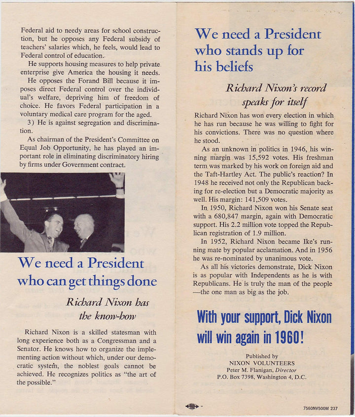 Why America Needs Richard Nixon Vintage Presidential Campaign Brochure