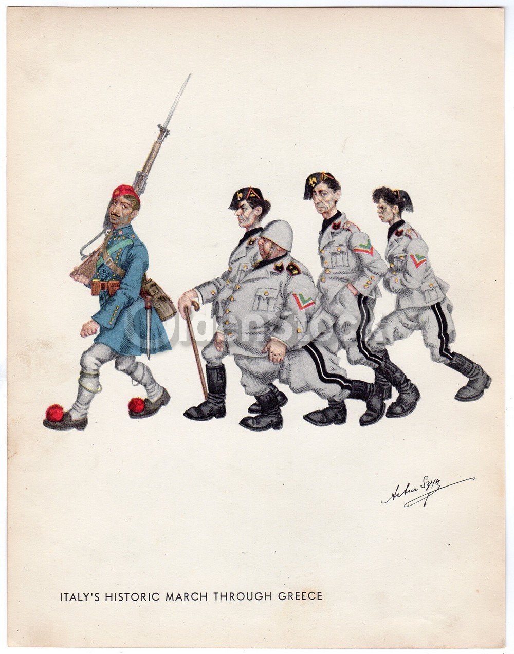 Italy's Capture of Greece Soldiers WWII Anti-German Propaganda Graphic Art Illus