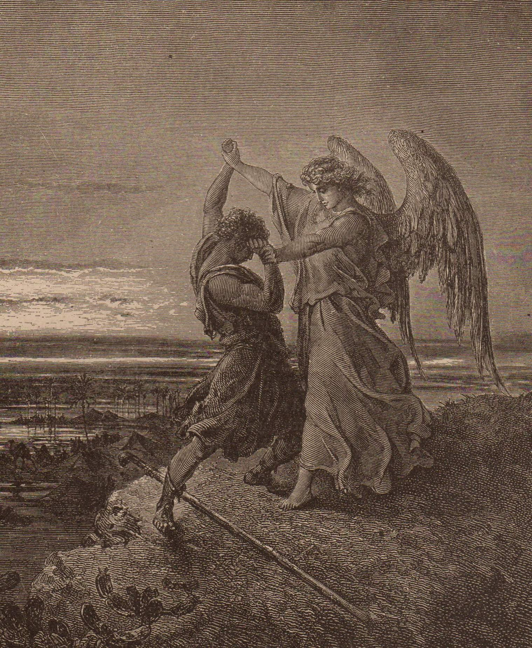 Jacob Wrestling the Angel Antique Gustave Dore Bible Graphic Engraving Print