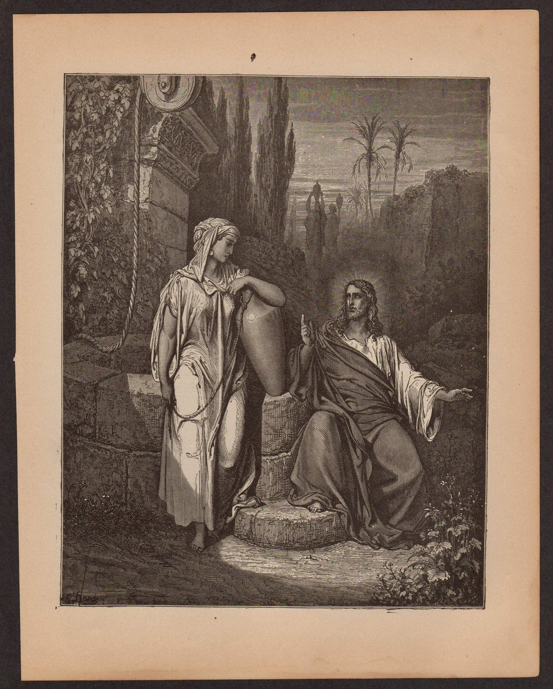 Jesus & Woman at the Well Antique Gustave Dore Bible Graphic Engraving Print