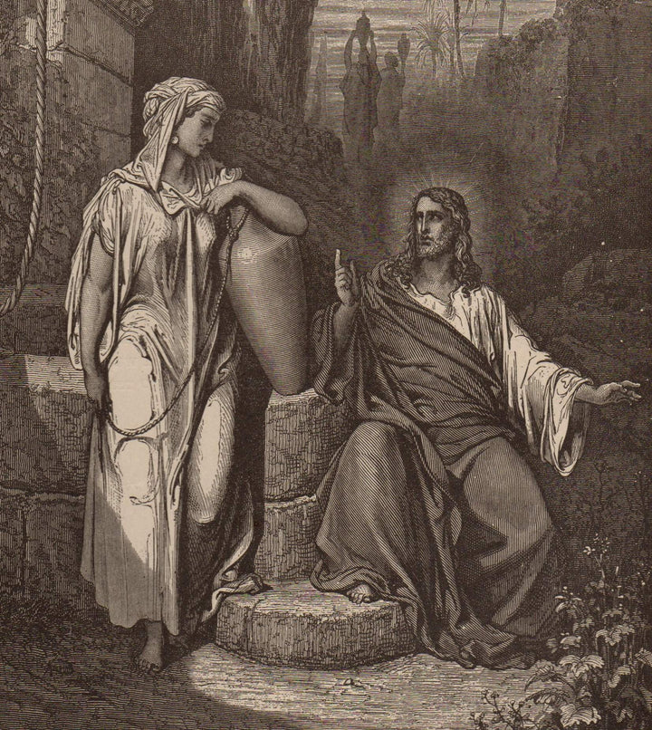 Jesus & Woman at the Well Antique Gustave Dore Bible Graphic Engraving Print