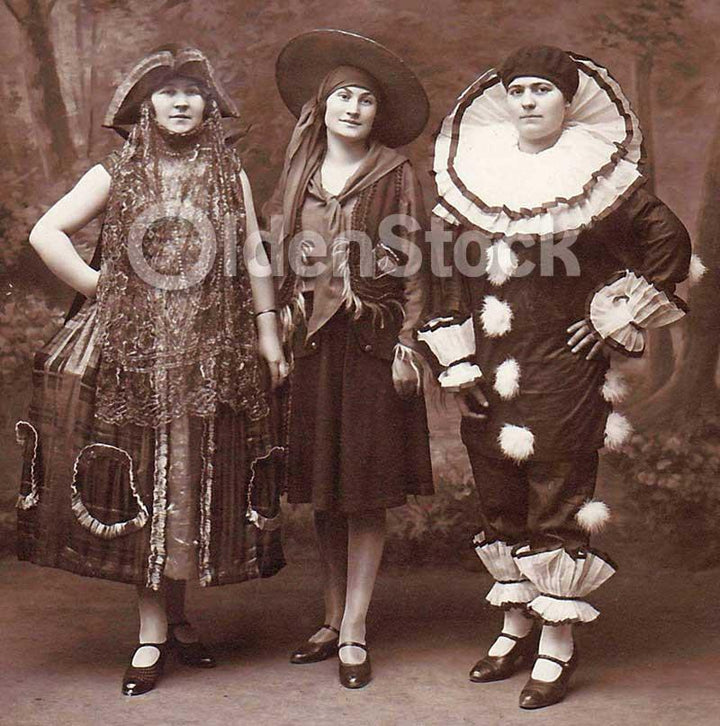 Lady Pirate, Gypsy, & Clown Halloween Costumes Antique French Photograph
