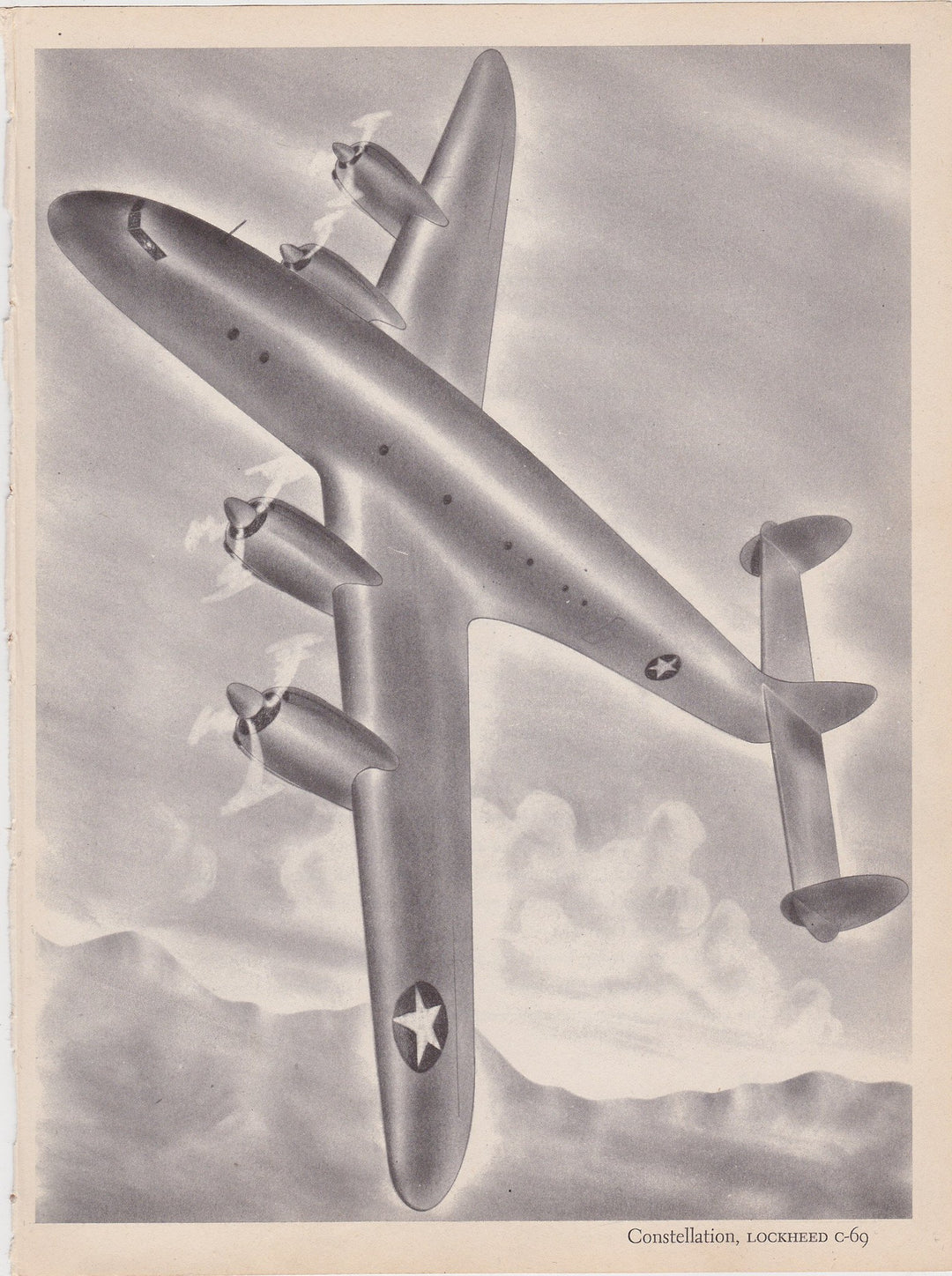 Lockheed Constellation C-69 Military Aircraft Plane Vintage WWII Illustration Print 1944