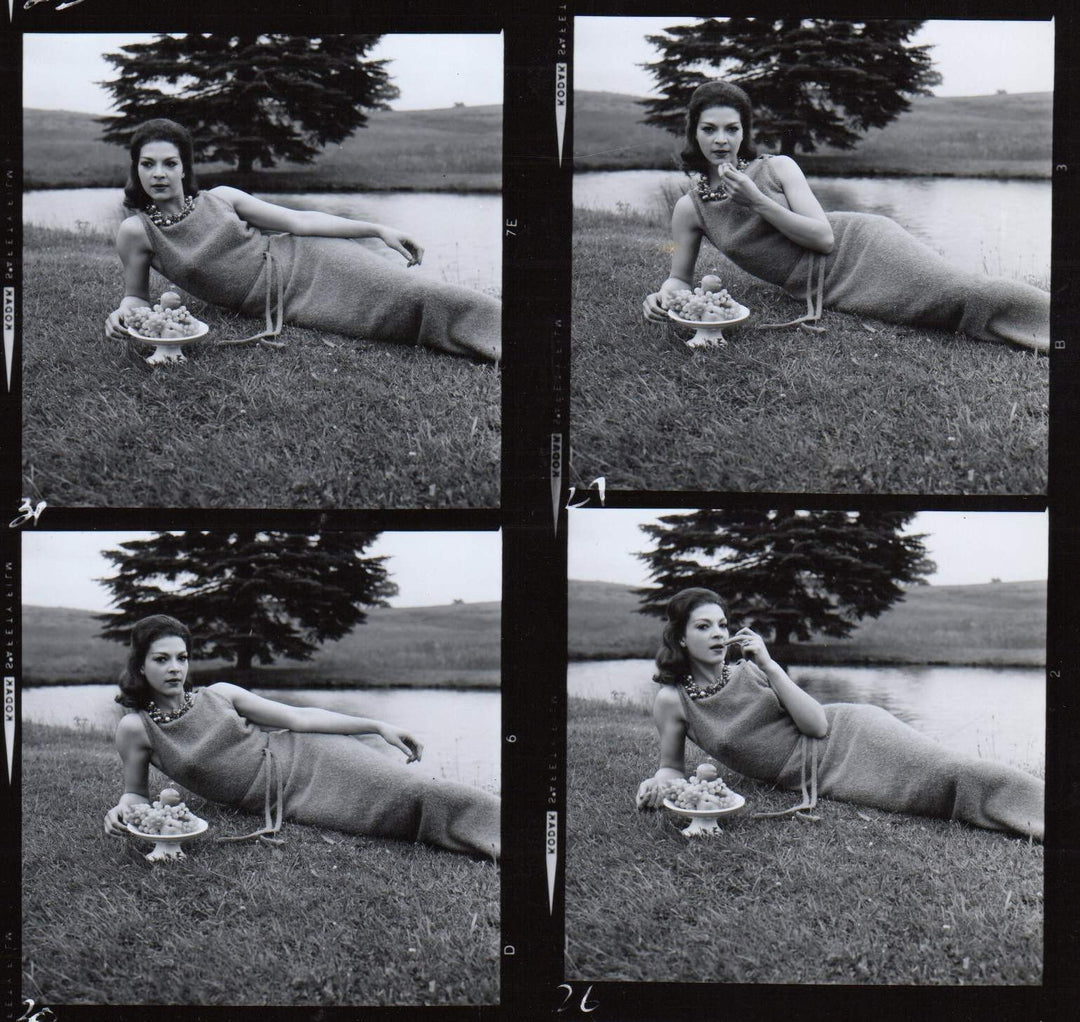 Lovely Brunette Fashion Model Eating Grapes on the Lawn 1960s Photo Contact Sheet