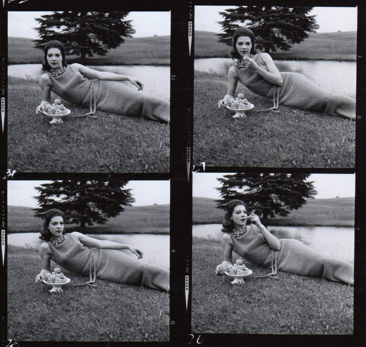 Lovely Brunette Fashion Model Eating Grapes on the Lawn 1960s Photo Contact Sheet