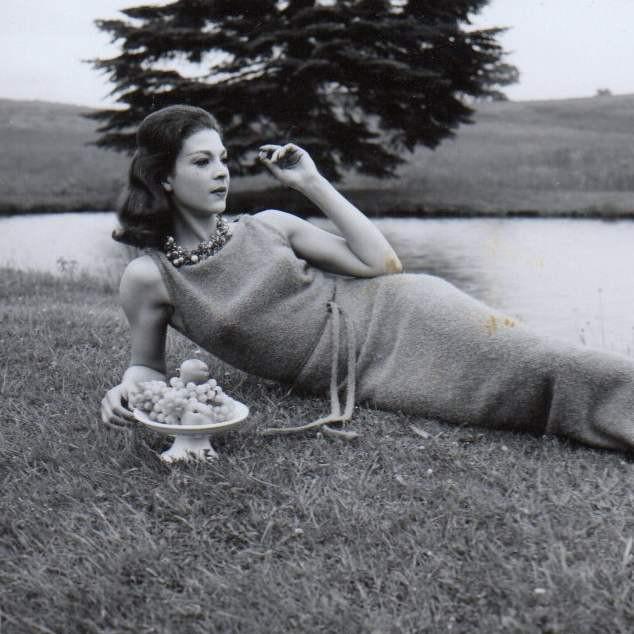 Lovely Brunette Fashion Model Eating Grapes on the Lawn 1960s Photo Contact Sheet