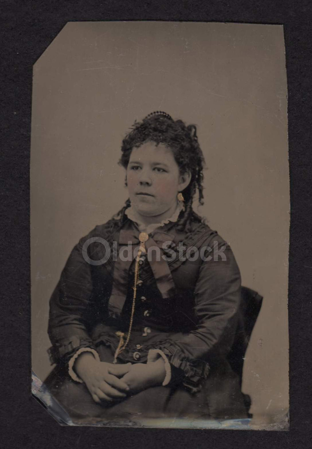 Lovely Young Woman in Victorian Dress & Gold Jewelry Crisp Antique Tintype Photograph