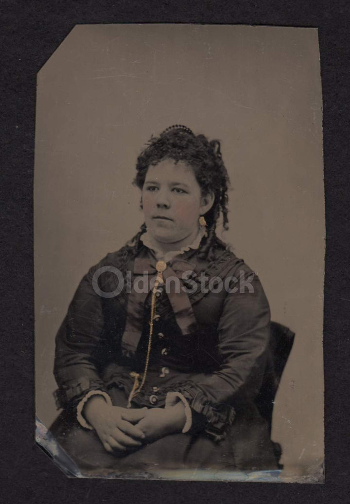 Lovely Young Woman in Victorian Dress & Gold Jewelry Crisp Antique Tintype Photograph
