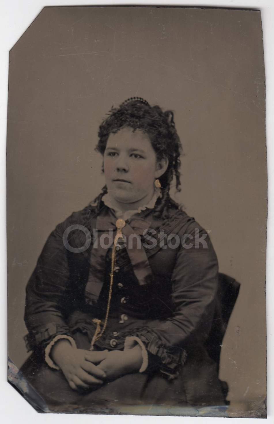 Lovely Young Woman in Victorian Dress & Gold Jewelry Crisp Antique Tintype Photograph