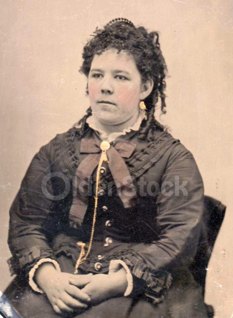 Lovely Young Woman in Victorian Dress & Gold Jewelry Crisp Antique Tintype Photograph