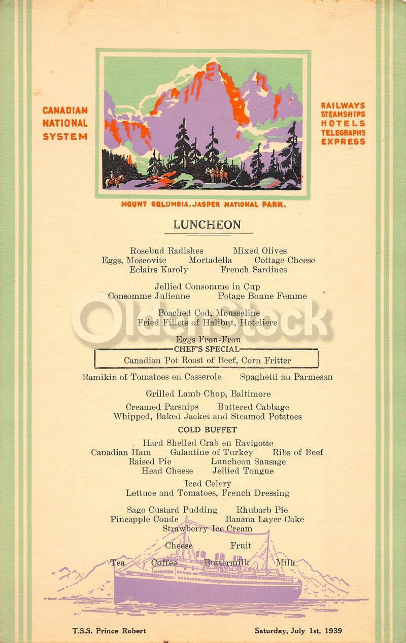 Mount Columbia Jasper National Park Canadian Steamships Antique Graphic Art Lunch Menu