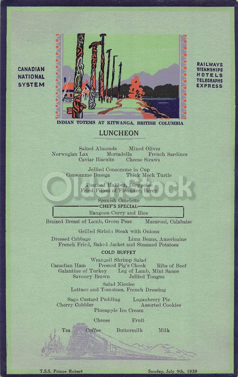 Canadian National Steamship TSS Prince Robert Antique Graphic Art Lunch Menu