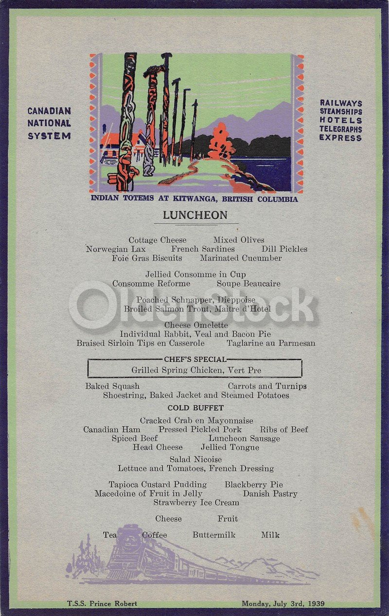 Kitwanga Indian Totems Canadian National Steamships Antique Graphic Art Lunch Menu