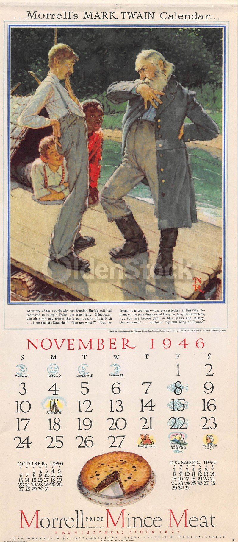 Rascals Aboard Huck Finn's Raft Vintage Norman Rockwell Art Morrell Ham Calendar Poster 1946