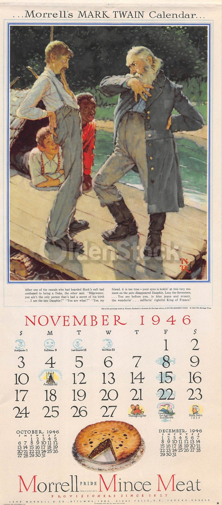 Rascals Aboard Huck Finn's Raft Vintage Norman Rockwell Art Morrell Ham Calendar Poster 1946