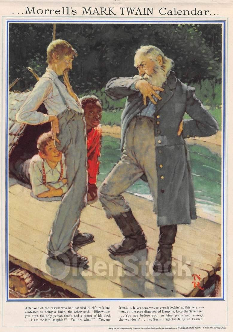 Rascals Aboard Huck Finn's Raft Vintage Norman Rockwell Art Morrell Ham Calendar Poster 1946