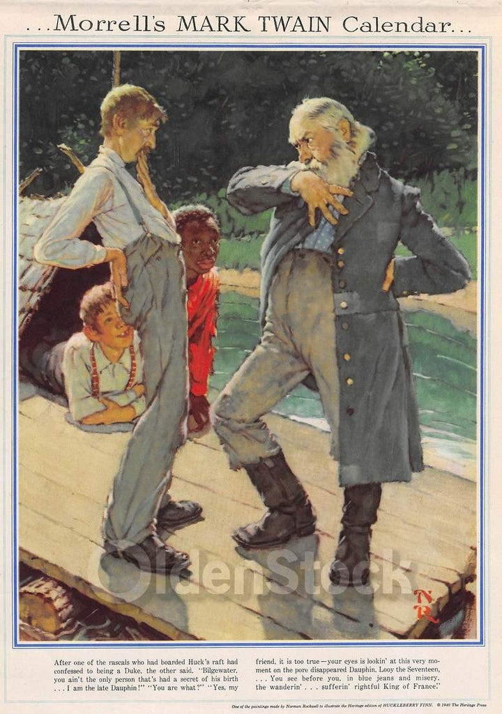 Rascals Aboard Huck Finn's Raft Vintage Norman Rockwell Art Morrell Ham Calendar Poster 1946