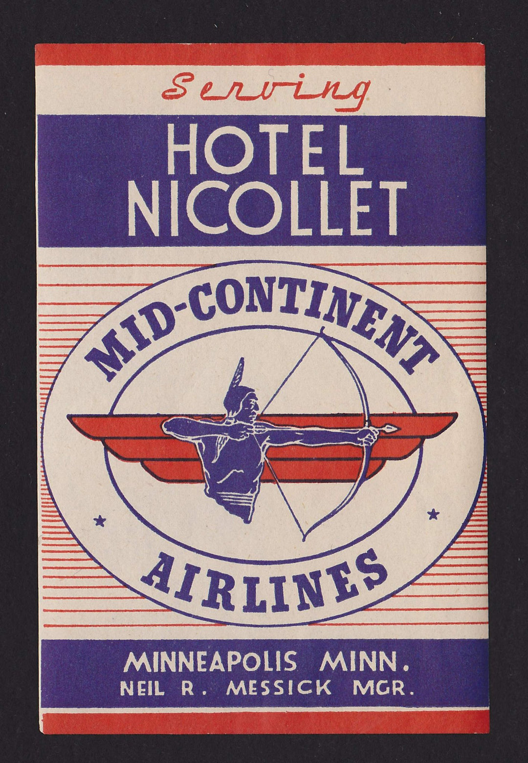 Mid-Continent Airlines Hotel Nicollet Vintage Graphic Advertising Luggage Sticker Decal