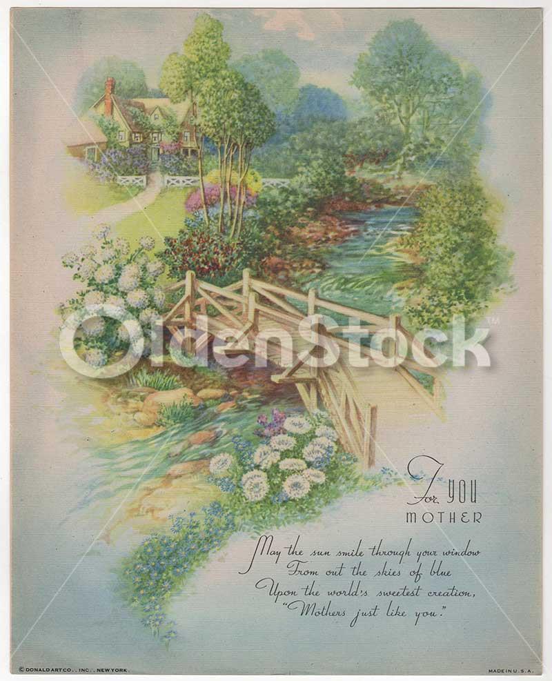 Mother's Day Greetings Poem Country Home Scene Vintage Graphic Illustration Print