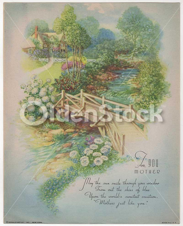Mother's Day Greetings Poem Country Home Scene Vintage Graphic Illustration Print