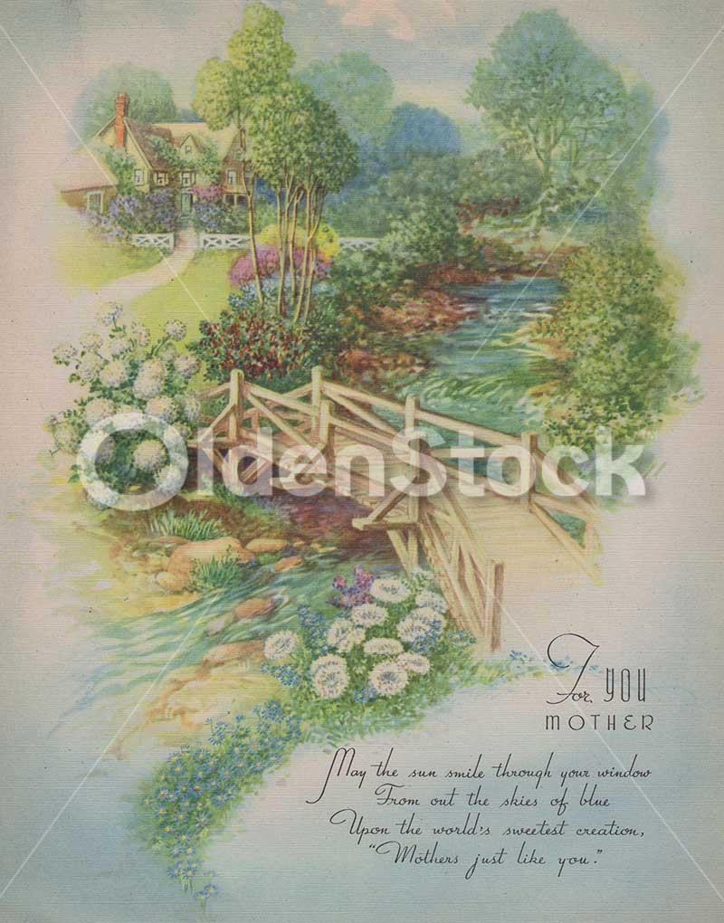 Mother's Day Greetings Poem Country Home Scene Vintage Graphic Illustration Print