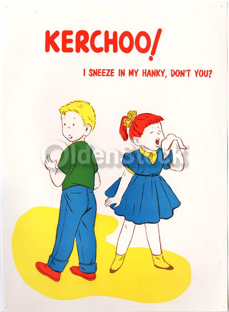 Little Girl Sneezing Vintage Medical Hygiene Health Education Poster