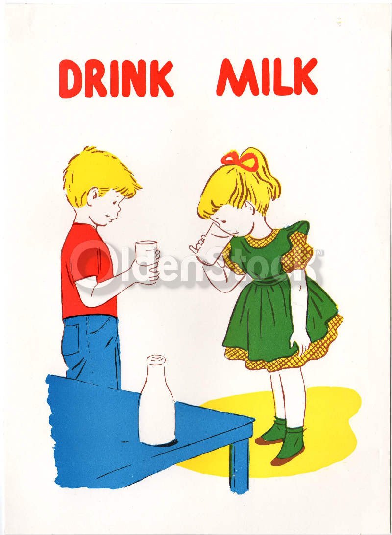 Cute Little Boy & Girl Sharing Glass of MIlk Vintage Health Education Poster