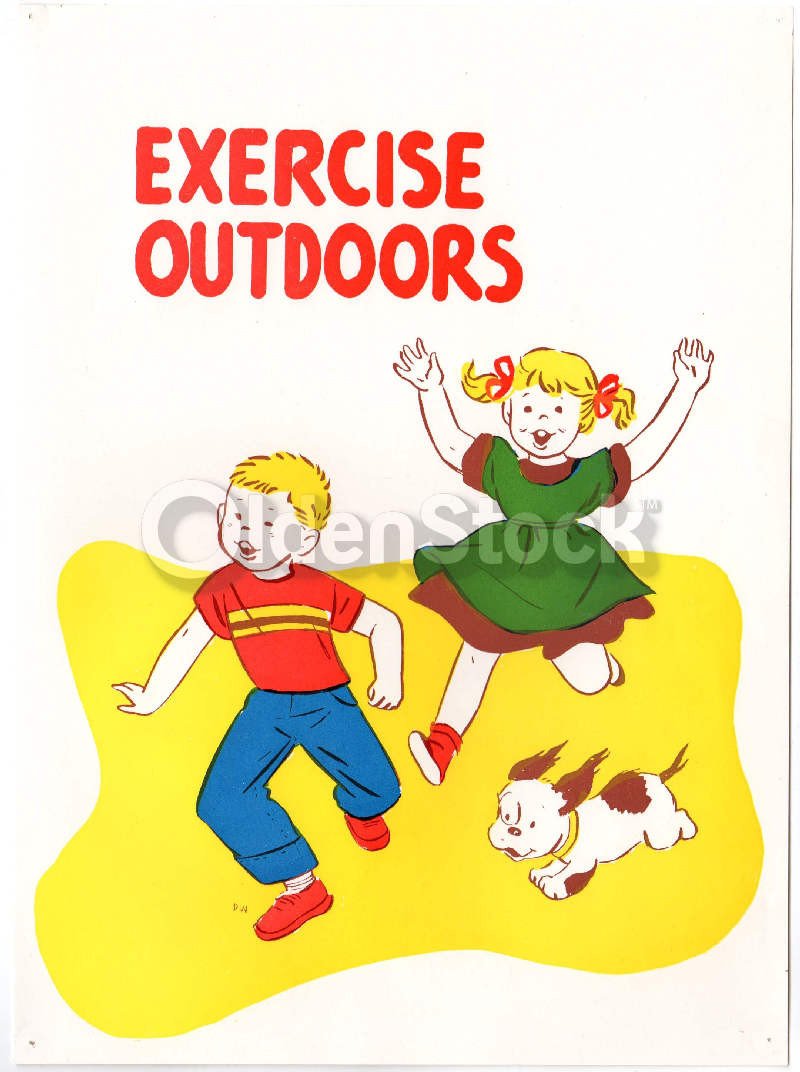 Little Boy Girl & Dog Playing Outside Vintage Health Education Poster